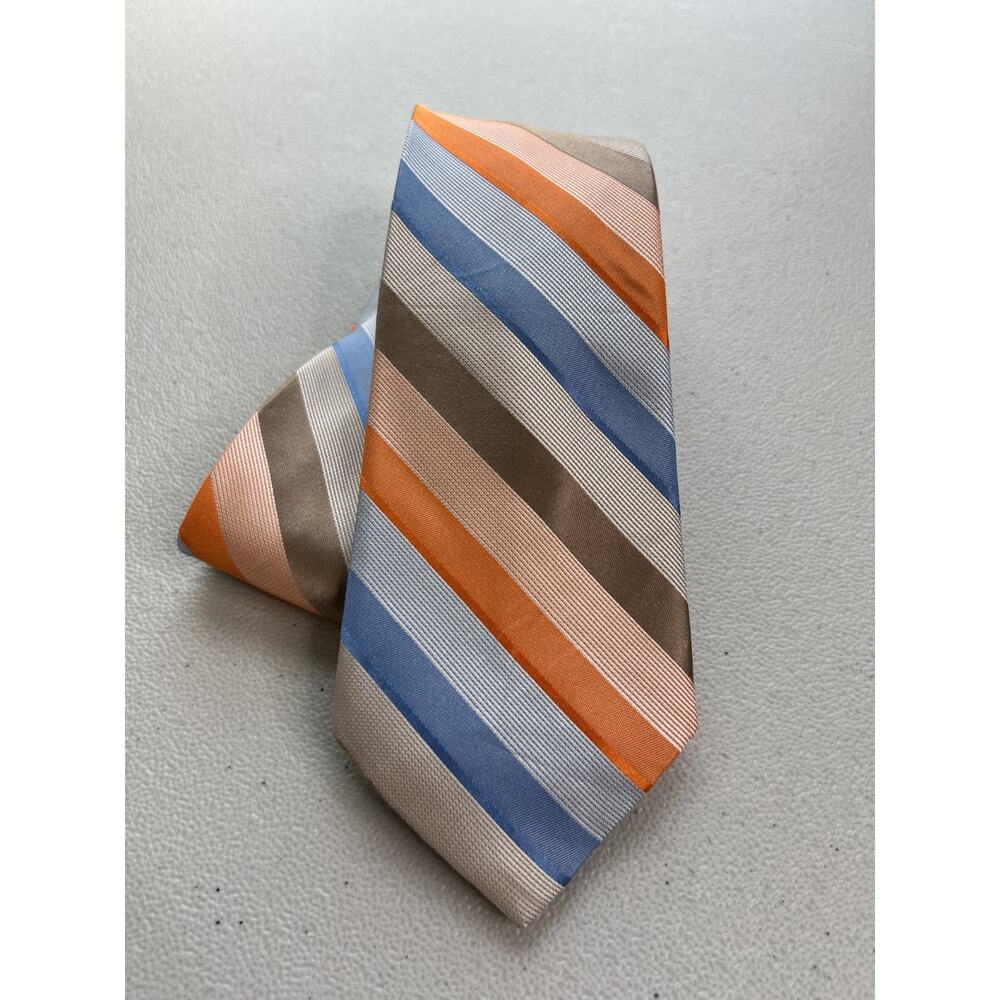 Perry Ellis Portfolio Blue, Orange, Brown Striped Pattern 100% Silk Tie NWOT
